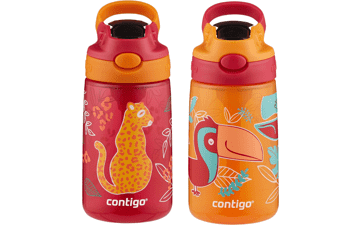 Contigo Aubrey Kids Water Bottle with Silicone Straw and Spill-Proof Lid, Dishwasher Safe, 14oz 2-Pack - Cheetah & Toucans