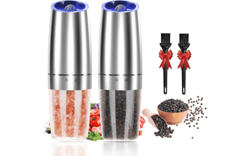 Electric Salt and Pepper Grinder Set, Adjustable Coarseness, Automatic Mill with Blue LED Light, One Hand Operated - Sliver 2 Pack