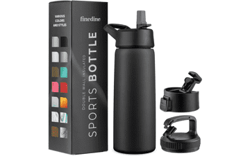 FineDine Insulated Water Bottles with Straw - 25 Oz Stainless Steel - 3 Lids - Reusable for Travel, Camping, Bike, Sports - Inky Raven Black