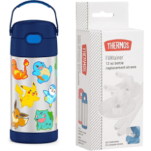 THERMOS FUNTAINER 12oz Stainless Steel Vacuum Insulated Kids Straw Bottle - Pokemon & Replacement Straws - Clear