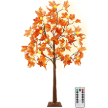 4 Ft Prelit Lighted Maple Tree Thanksgiving Decor with Timer Remote, 48LED, 6 Pumpkin Lights, 8 Modes - Artificial Tree for Indoor Outdoor Harvest Autumn Fall Decor, Halloween Decorations