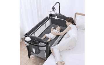 ANGELBLISS 5 in 1 Baby Bassinet Bedside Sleeper with Rocking, Folding Portable Playard, Mattress, Diaper Changer, and Music Mobile