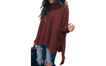 ANRABESS Women's Sweater - Fall 2023 Oversized Turtleneck Batwing Sleeve Waffle Knit Split Hem Tunic Pullover Tops