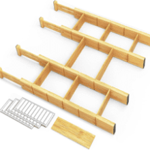 Bamboo Drawer Dividers with Inserts and Labels - Adjustable Kitchen Organizers for Home, Office, Dressers - 4 Dividers with 9 Inserts