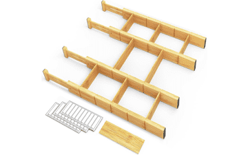 Bamboo Drawer Dividers with Inserts and Labels - Adjustable Kitchen Organizers for Home, Office, Dressers - 4 Dividers with 9 Inserts