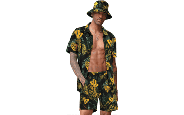 COOFANDY Men's Hawaiian Shirt and Short Set - Flower Beach Outfit with Bucket Hats