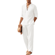 COOFANDY Men's Linen Set - Long Sleeve Henley Shirts & Casual Beach Pants with Pockets