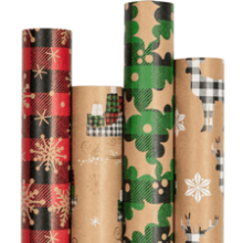 Christmas Wrapping Paper - Kraft Paper - Gift Ship, Snowflake, Buffalo Plaid and Reindeer - 4 Rolls - 30 inches x 10 feet per Roll