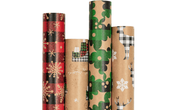 Christmas Wrapping Paper - Kraft Paper - Gift Ship, Snowflake, Buffalo Plaid and Reindeer - 4 Rolls - 30 inches x 10 feet per Roll