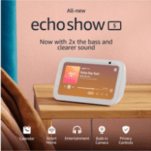 Echo Show 5 (3rd Gen, 2023) | Smart Display with Enhanced Bass and Clear Sound - Glacier White