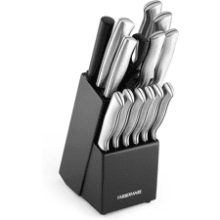 Farberware 15-Piece High-Carbon Stainless Steel Kitchen Knife Set with Wood Block, Steak Knives, Black