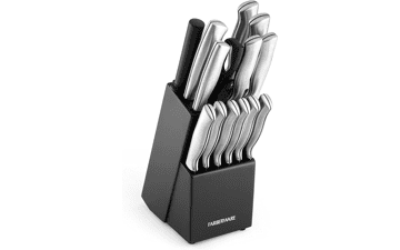 Farberware 15-Piece High-Carbon Stainless Steel Kitchen Knife Set with Wood Block, Steak Knives, Black