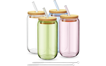 Fullstar Glass Cups With Lids and Straws - Drinking Glasses, Glass Tumbler With Straw And Lid, Iced Coffee Cups, Glass Coffee Cups With Bamboo Lids, Cordial Glasses (4 Pack, Multicolor)