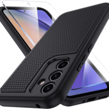 Galaxy A54 5G Case - Camera Protection, Non-Slip Textured Back, Tempered Glass Screen Protector - Black