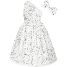 Girls Sequin Dress One Shoulder Sparkle Party Dress with Hair Bow