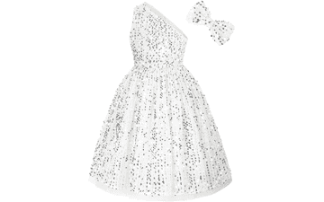 Girls Sequin Dress One Shoulder Sparkle Party Dress with Hair Bow