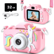 Goopow Kids Camera Toys for Girls, Children Digital Video Camcorder with Unicorn Silicone Cover - Best Christmas Birthday Festival Gift - 32G SD Card Included