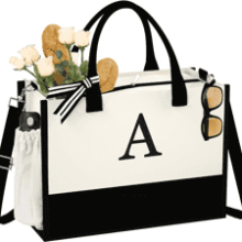 Initial Canvas Beach Tote Bag with Zipper Pockets - Personalized Monogrammed Strap