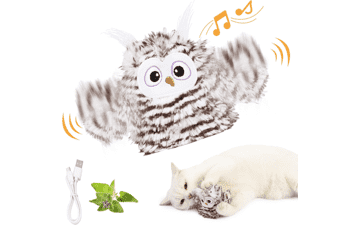 Interactive Cat Toy Rechargeable Chirping Owl with Catnip, Auto Beating Wings Flying Bird Toys for Indoor Cats