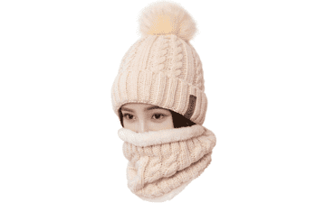 LCZTN Pom Beanie Hat Scarf Set - Cute Winter Ski Hat with Fleece Lining