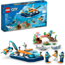 LEGO City Explorer Diving Boat 60377 Ocean Building Toy with Coral Reef Setting, Mini-Submarine, 3 Minifigures, Manta Ray, Shark, Crab, Fish, and Turtle Figures