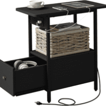 LIDYUK End Table with Charging Station, Narrow Side Table with Drawer, USB Ports & Power Outlets, Black