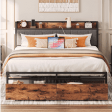 LIKIMIO Queen Bed Frame with Storage Headboard and Charging Station, Platform Bed with Drawers - Vintage Brown and Gray