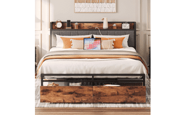 LIKIMIO Queen Bed Frame with Storage Headboard and Charging Station, Platform Bed with Drawers - Vintage Brown and Gray