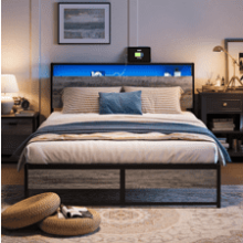 LINSY Full Size Bed Frame with Ergonomic Headboard, RGB Lights, Outlets & Charger, Fast Assembly, Storage, No Box Spring Needed - Greige