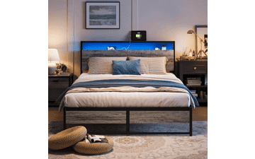 LINSY Full Size Bed Frame with Ergonomic Headboard, RGB Lights, Outlets & Charger, Fast Assembly, Storage, No Box Spring Needed - Greige