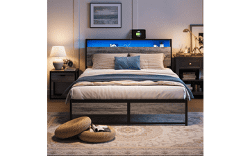 LINSY Queen Bed Frame with Ergonomic Headboard, Platform Metal Bed Frame with RGB Lights, Outlets & Charger, Fast Assembly Bed Queen Size with Storage, No Box Spring Needed