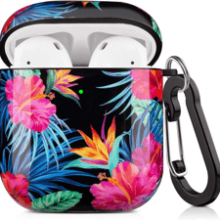 Lokigo Hawaiian AirPods Case - Protective Cover for Apple AirPods 2 and 1 - Hard Case Kit with Keychain, Strap, Earhooks, and Watch Band Holder - Tropical Blue Flower Design - Ideal for Girls, Women, and Men