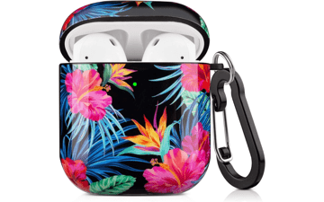 Lokigo Hawaiian AirPods Case - Protective Cover for Apple AirPods 2 and 1 - Hard Case Kit with Keychain, Strap, Earhooks, and Watch Band Holder - Tropical Blue Flower Design - Ideal for Girls, Women, and Men