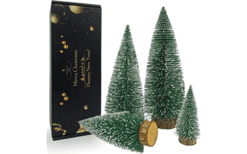 Miniature Christmas Trees with Snow and Wood Base - Xmas Holiday Party Home Tabletop Decor