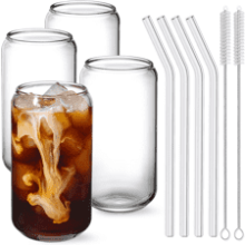 NETANY Drinking Glasses with Glass Straw Set - 16oz Can Shaped Cups for Beer, Iced Coffee, Whiskey, Soda, Tea, Water - Gift