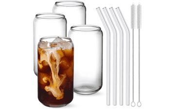 NETANY Drinking Glasses with Glass Straw Set - 16oz Can Shaped Cups for Beer, Iced Coffee, Whiskey, Soda, Tea, Water - Gift