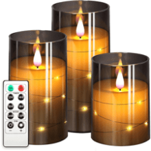 NURADA Flameless Candles with Star String Lights - Unbreakable 3D Wick - Battery Operated LED Pillar Candles with Remote and Timer - 3 Pack Gray 4''x5''x6