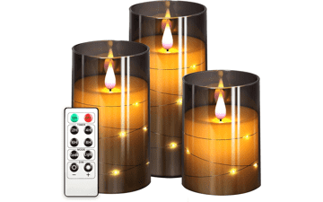 NURADA Flameless Candles with Star String Lights - Unbreakable 3D Wick - Battery Operated LED Pillar Candles with Remote and Timer - 3 Pack Gray 4''x5''x6