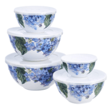 Nesting Melamine Mixing Bowl With Lid And Non-Slip Base, Set Of 10, Hydrangea Floral