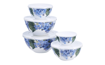 Nesting Melamine Mixing Bowl With Lid And Non-Slip Base, Set Of 10, Hydrangea Floral