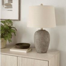 Nourison 23" Earth Brown Rustic Ceramic Jar Table Lamp with Beige Tapered Drum Shade