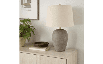 Nourison 23" Earth Brown Rustic Ceramic Jar Table Lamp with Beige Tapered Drum Shade