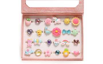 PinkSheep Little Girl Jewel Rings in Box - Adjustable, No Duplication - Pretend Play and Dress Up Rings (24 Lovely Ring)