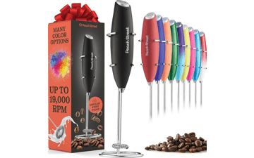 Powerful Handheld Milk Frother - Mini Milk Frother - Battery Operated - Stainless Steel Drink Mixer - Milk Frother Stand for Coffee, Lattes, Cappuccino, Frappe, Matcha, Hot Chocolate