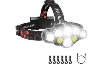 Rechargeable Headlamp, 8 LED 18000 High Lumen Bright Headlamp with Red Light, Waterproof USB Headlight, 8 Modes for Outdoor Running Hunting Hiking Camping Gear - Black