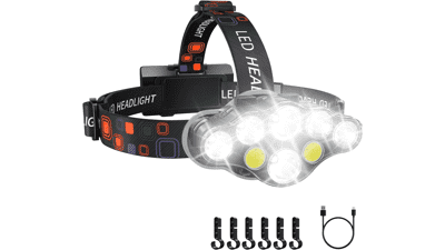 Rechargeable Headlamp, 8 LED 18000 High Lumen Bright Headlamp with Red Light, Waterproof USB Headlight, 8 Modes for Outdoor Running Hunting Hiking Camping Gear - Black
