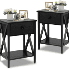 Rustic Bedroom Night Stands with Drawer Storage, Set of 2, Classic Black