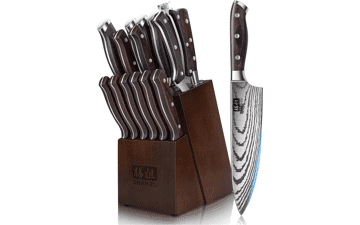 SHAN ZU 16 pcs Knife Set - Japanese Kitchen Knives with Block - High Carbon Stainless Steel - Ultra Sharp - Professional Chef Knife Set with Sharpener