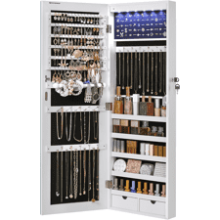 SONGMICS Hanging Jewelry Cabinet with LED Lights, Door-Mounted Organizer & Full-Length Mirror - White