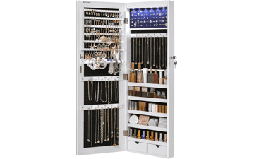 SONGMICS Hanging Jewelry Cabinet with LED Lights, Door-Mounted Organizer & Full-Length Mirror - White